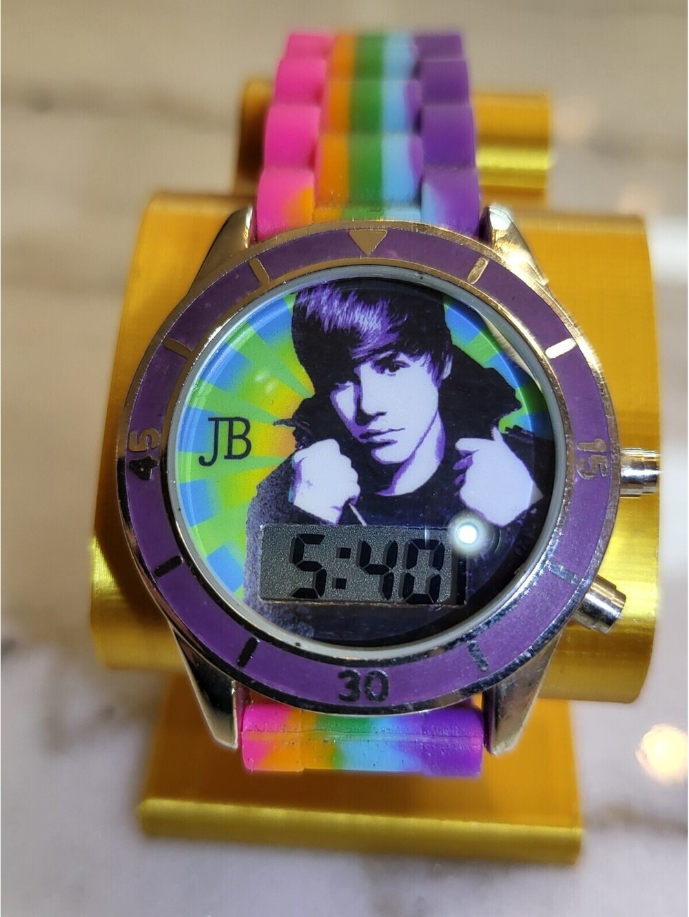 Justin Bieber Watch Rainbow Watch Band Works Perfectly EUC New Battery 33mm 7"
